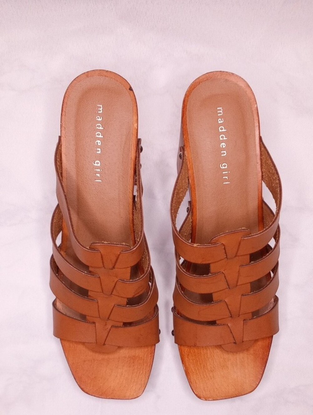 Madden Girl Tan Brown Strappy Slide Mules